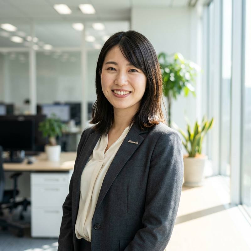 植物が置かれた明るいオフィスで、Kaserutoの小さなピンバッジを付けたチャコールグレーのジャケット姿でほほえむ日本人女性