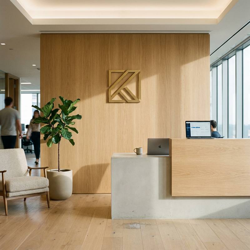 Kaserutoのオフィス受付。オーク材の壁に大きな金色の「K」のロゴが掲げられ、観葉植物のフィドルリーフフィグとアームチェア、ノートPCが並ぶコンクリートとオーク材の受付カウンターがあり、奥のガラス張りのオフィスの前を人が行き交っている