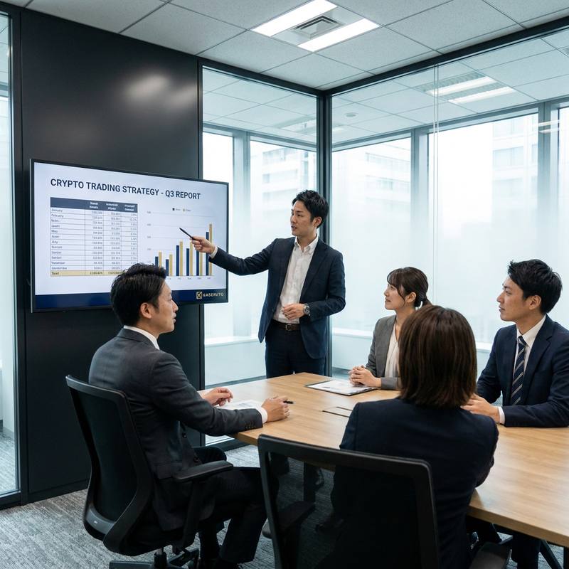 ガラス張りの会議室で打ち合わせをするKaserutoのチーム。紺色のスーツを着た発表者が、Kaserutoのロゴと「Crypto Trading Strategy – Q3 Report」の文字が映るスクリーンを指し示し、木製のテーブルを囲む4人の同僚が耳を傾けている